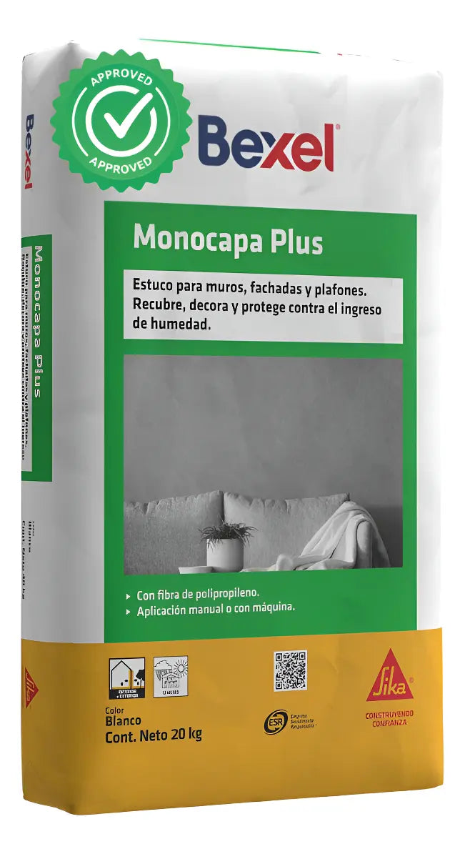 ESTUCO PARA MURO FACHADAS Y PLAFONES BEXEL ESTUKO MONOCAPA PLUS BCO 20KG